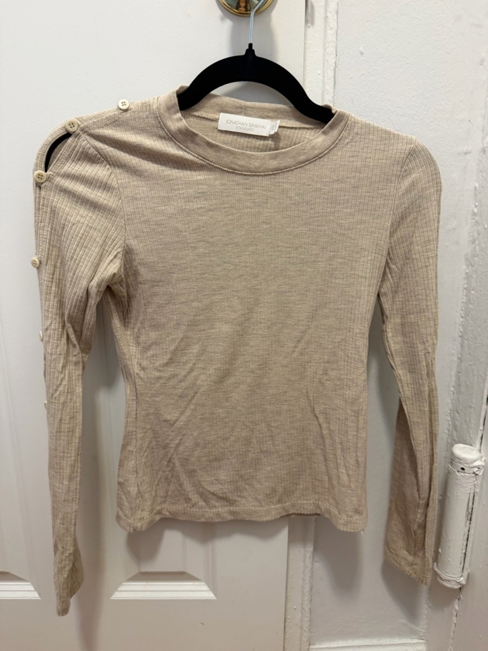 Jonathan Simkhai Taupe Ribbed Long Sleeve Top with Shoulder Buttons